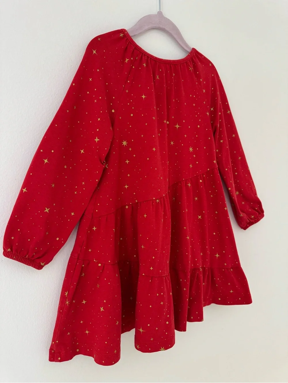 Hanna Andersson Red and Gold Long Sleeve Sparkle Tiered Dress, Size 4